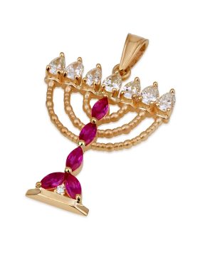 Deluxe 18k Gold Menorah Pendant with Diamonds and Ruby