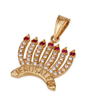 Deluxe 18k Gold Menorah Pendant with Diamonds and Ruby