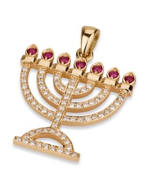 Deluxe 18k Gold Menorah Pendant with Diamonds and Rubies