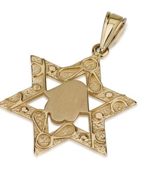14K Gold Star of David Pendant with Hamsa