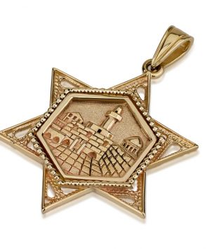 14K Gold Star of David Pendant with Old Jerusalem Motif
