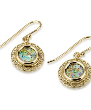 14K Gold Ornamented Earrings With Roman Glass