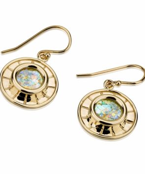 14K Gold Hammered Earrings With Roman Glass