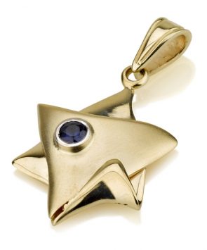 14K Gold Star of David Pendant with Sapphire