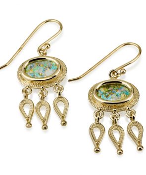 14K Gold Oriental Earrings With Roman Glass