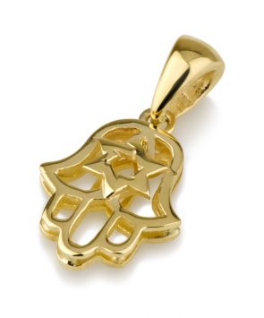 14k Gold Hamsa Pendant with Star of David