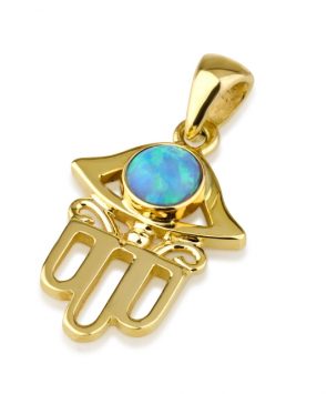 14k Gold Hamsa Pendant with Opal