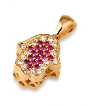 18k Red Gold Hamsa Pendant with Diamonds and Ruby