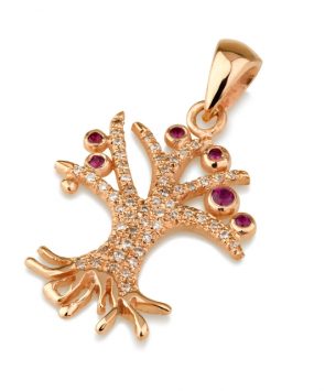 18k Red Gold Tree of Life Pendant with Diamonds and Ruby