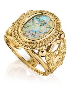 Deluxe 14K Jerusalem Gold Ring with Roman Glass