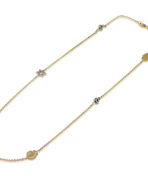 14k Gold Neacklace with Star of David Hamsa and Chai