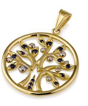 14k gold tree of life pendant with diamonds and sapphire